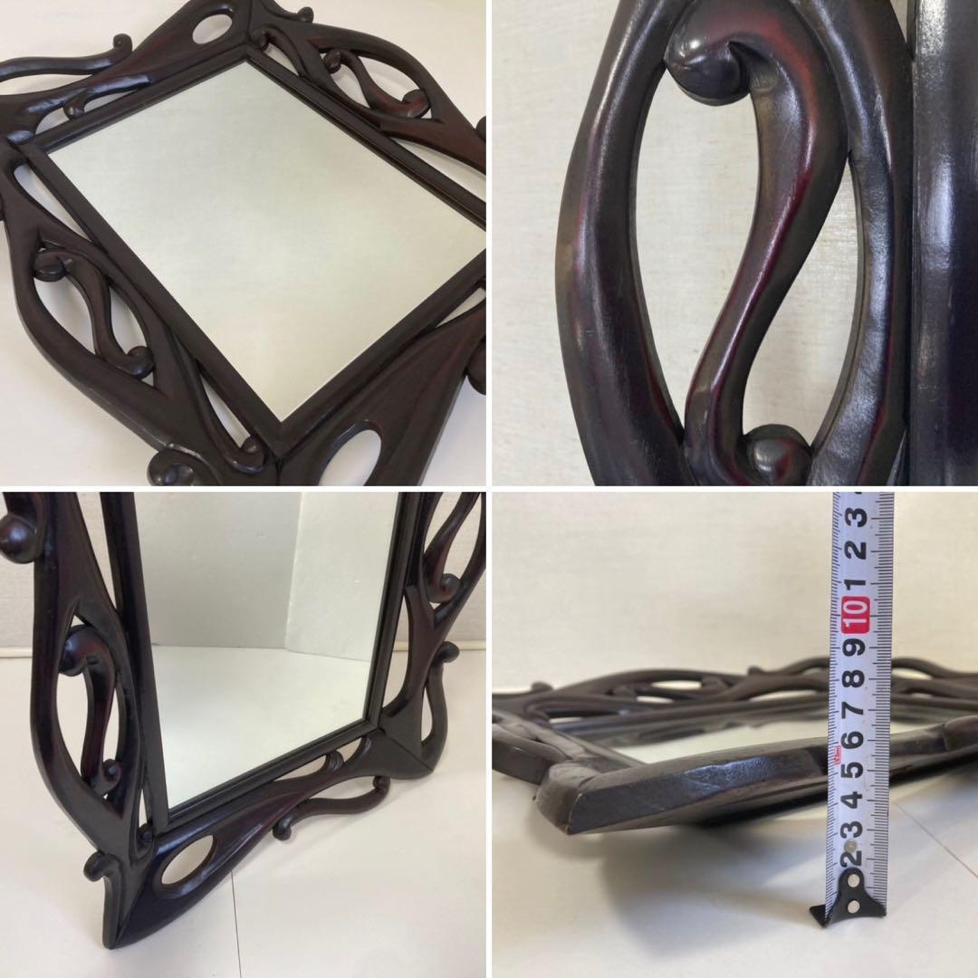 ウォールミラー 鏡 壁掛け 木製 木彫り 彫刻 ブラウン レトロ アンティーク