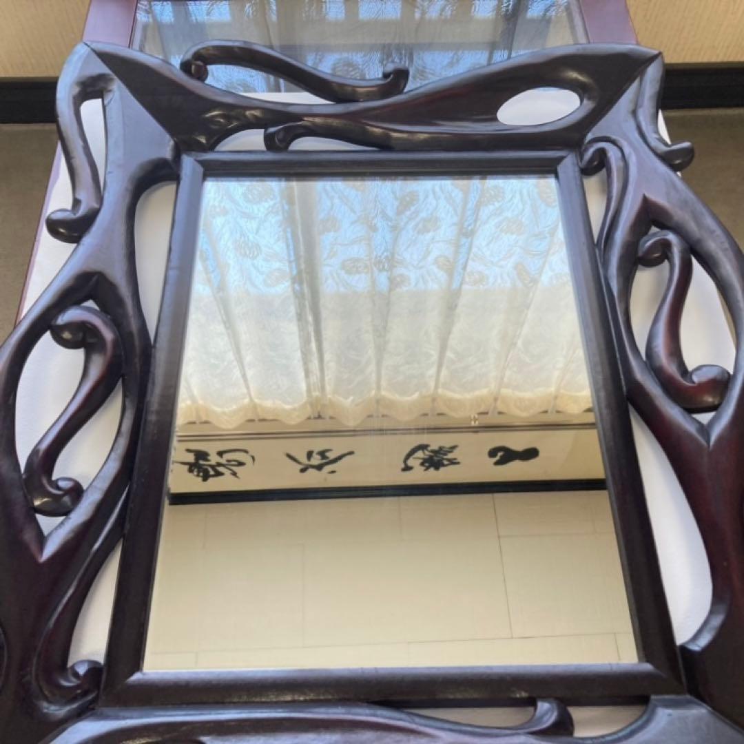 ウォールミラー 鏡 壁掛け 木製 木彫り 彫刻 ブラウン レトロ アンティーク