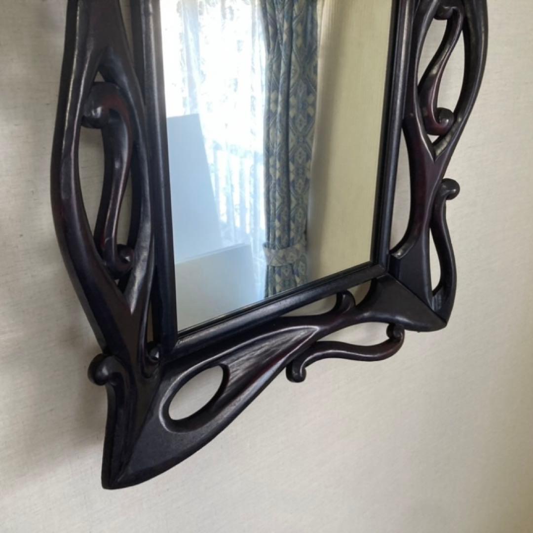 ウォールミラー 鏡 壁掛け 木製 木彫り 彫刻 ブラウン レトロ アンティーク