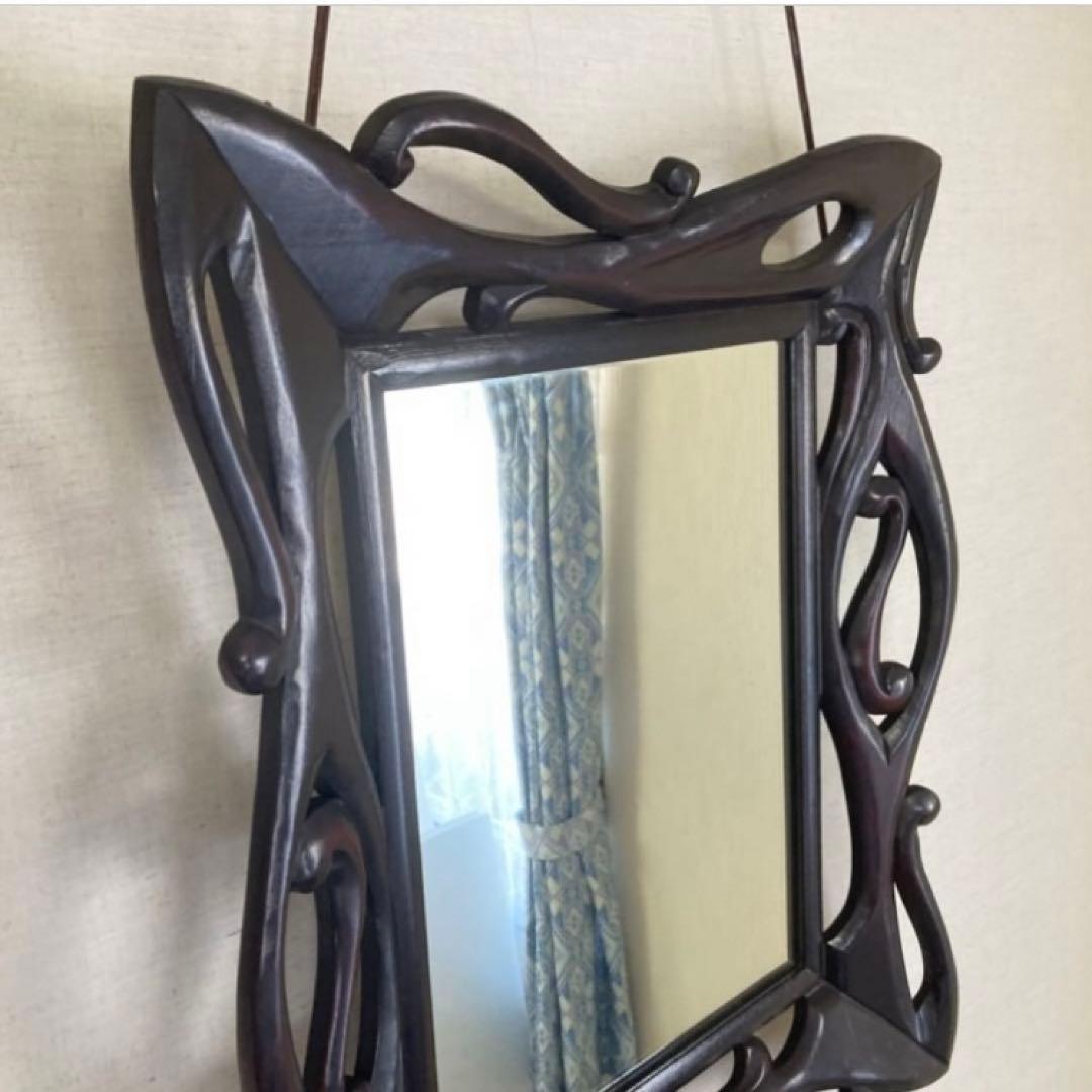 ウォールミラー 鏡 壁掛け 木製 木彫り 彫刻 ブラウン レトロ アンティーク