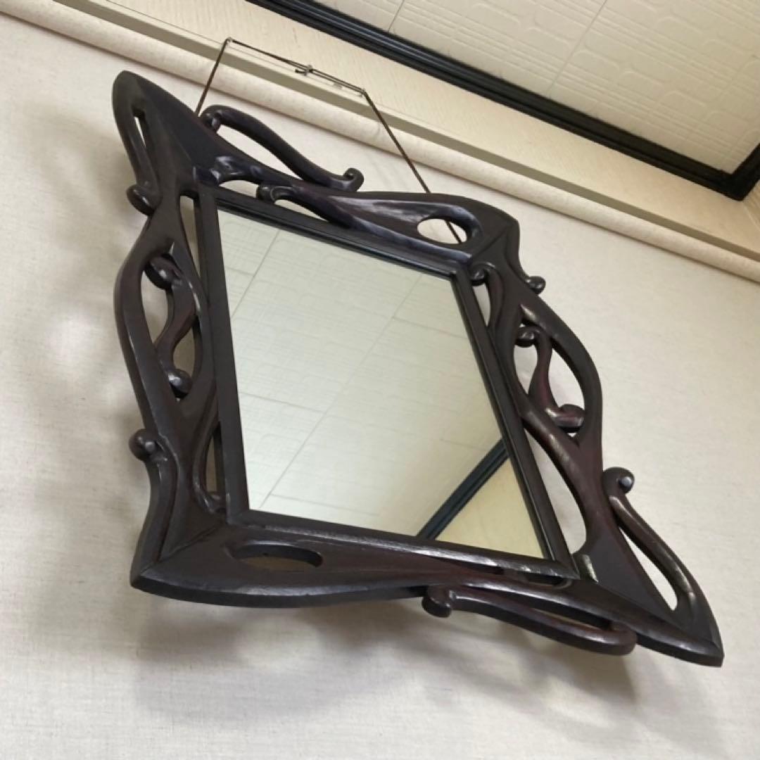 ウォールミラー 鏡 壁掛け 木製 木彫り 彫刻 ブラウン レトロ アンティーク