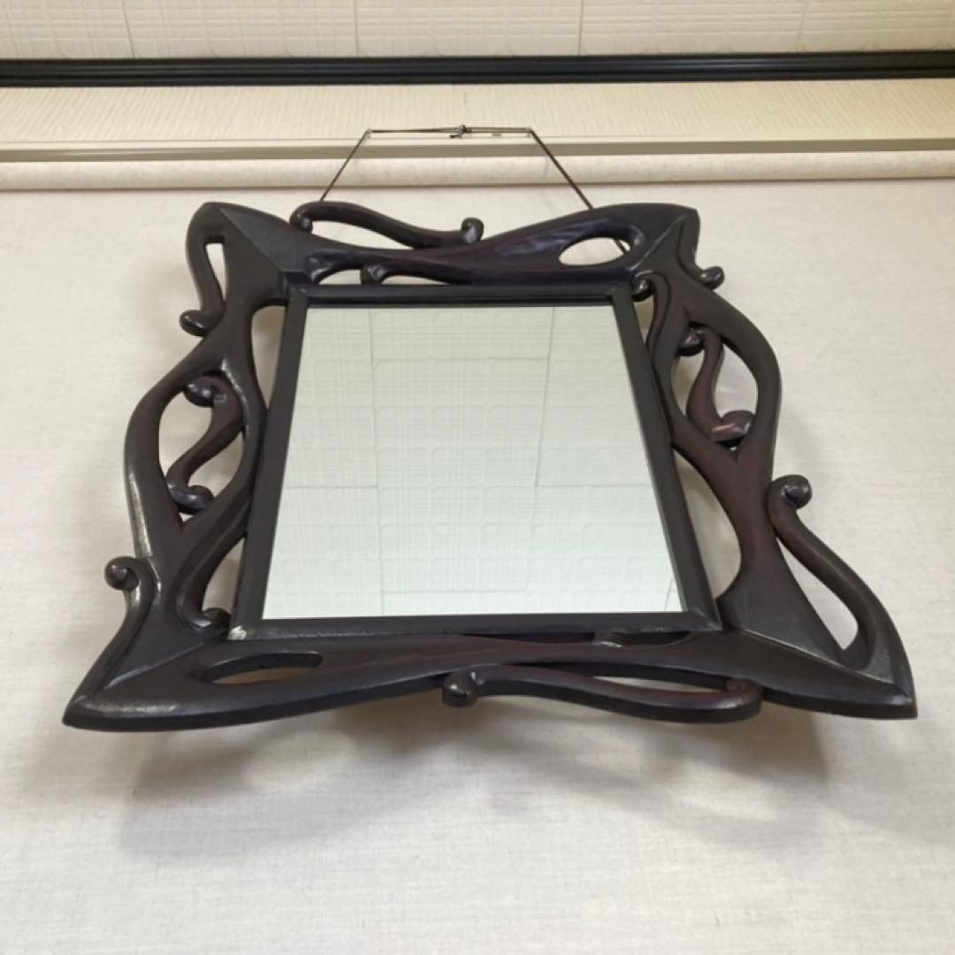 ウォールミラー 鏡 壁掛け 木製 木彫り 彫刻 ブラウン レトロ アンティーク