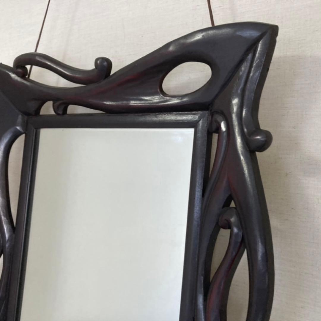 ウォールミラー 鏡 壁掛け 木製 木彫り 彫刻 ブラウン レトロ アンティーク