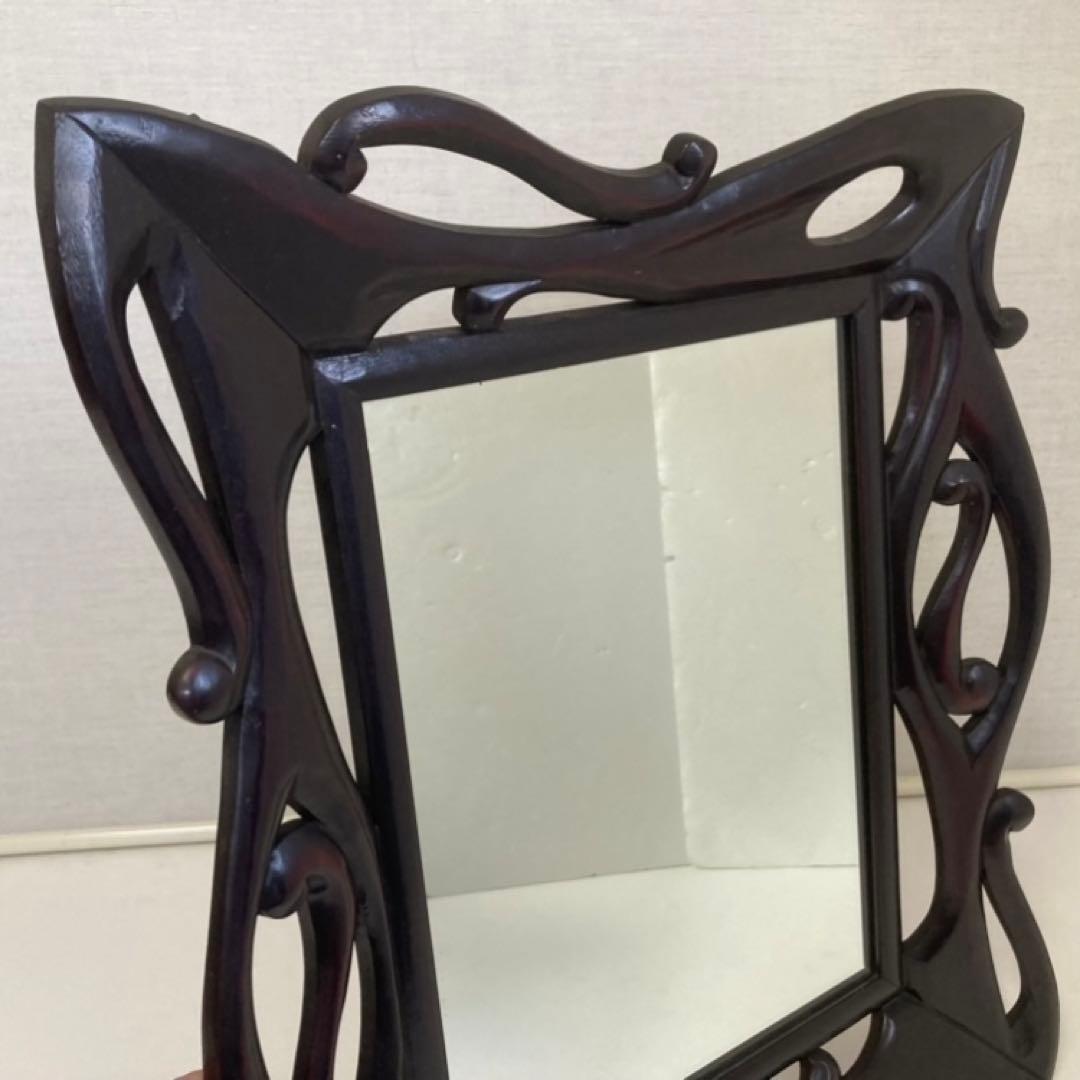 ウォールミラー 鏡 壁掛け 木製 木彫り 彫刻 ブラウン レトロ アンティーク