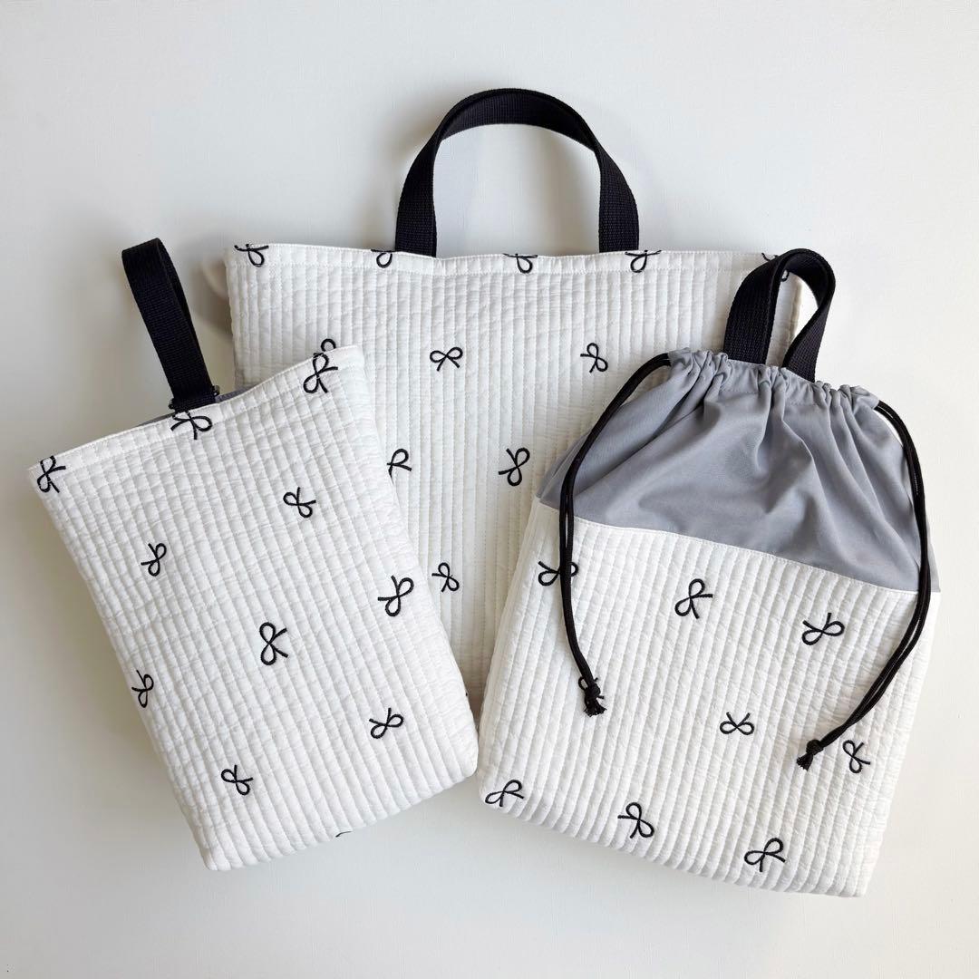 黒リボン　ヌビ　入園入学3点セット　刺繍　グレー　ブルーグレー　女の子