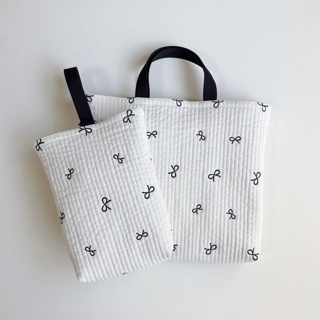 黒リボン　ヌビ　入園入学3点セット　刺繍　グレー　ブルーグレー　女の子