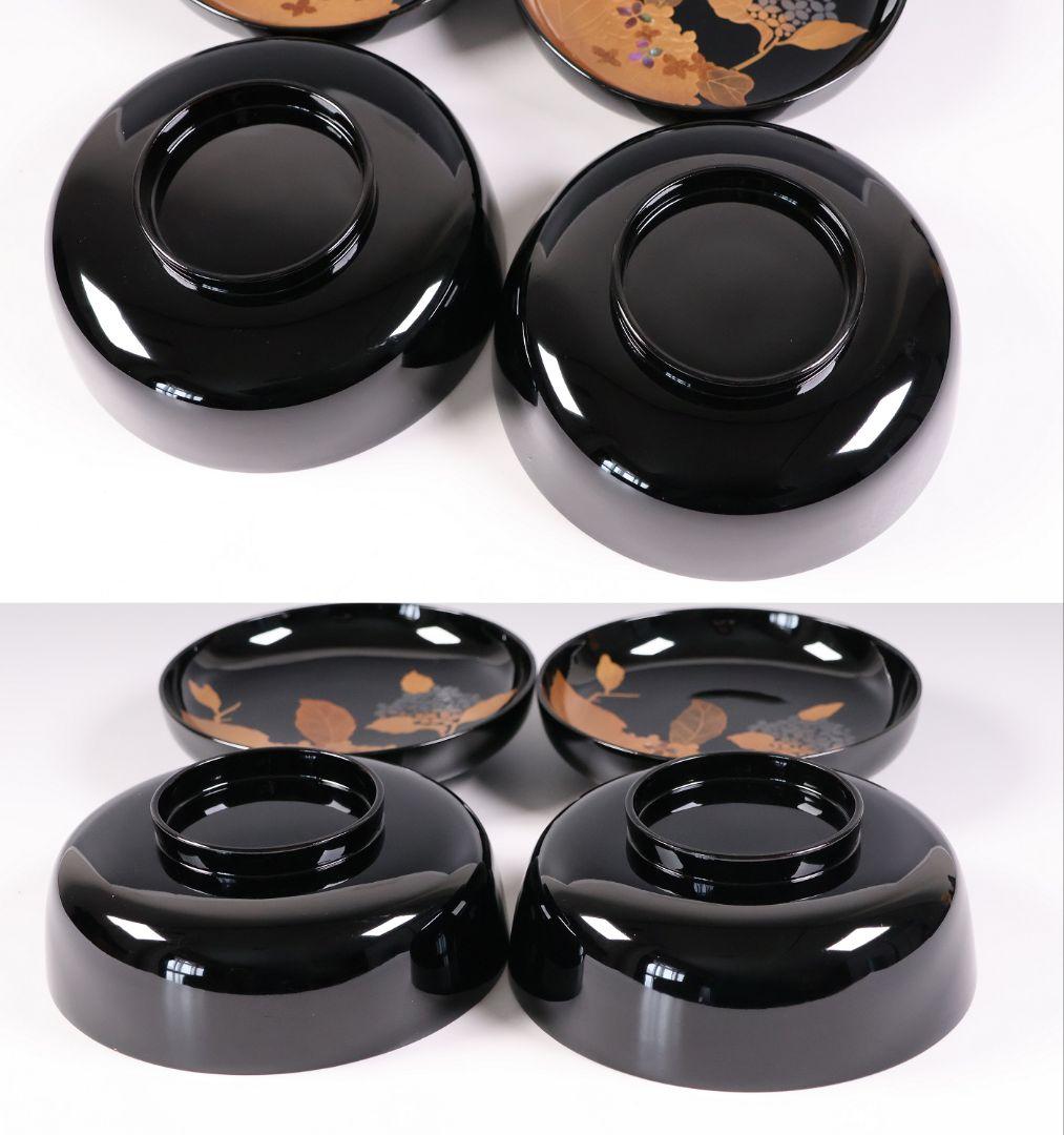 MB188】天然木漆塗 紫陽花と葵 金蒔絵 螺鈿入 黒塗 煮物椀 二客 昭和期