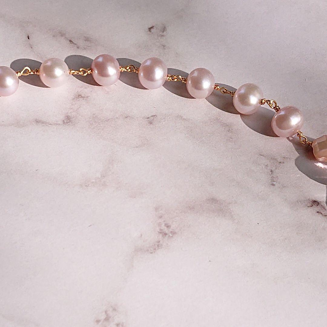 14kgf 天然石スコロライト、アメトリン、真珠のロングネックレス