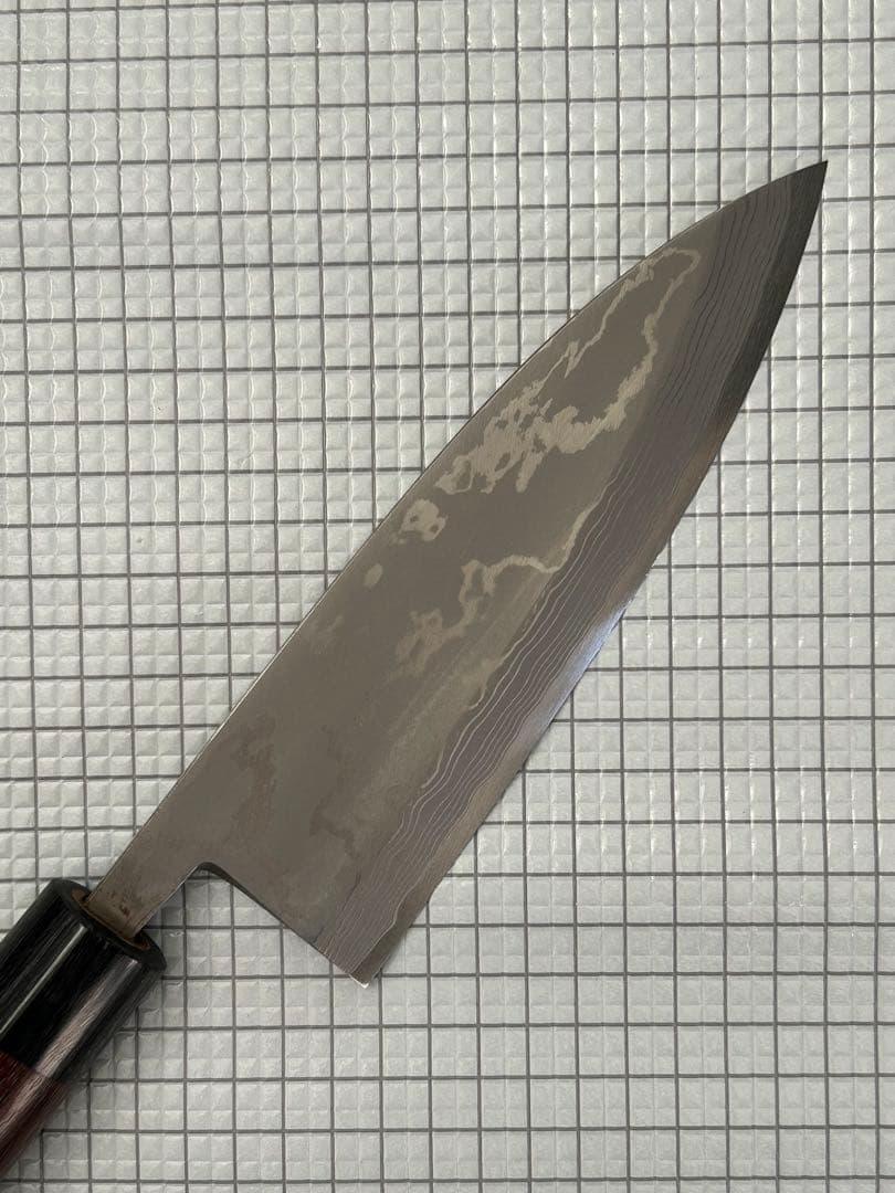 包丁 出刃 ダマスカス 安来鋼青紙２号 180mm 紫檀シノギ柄 ④