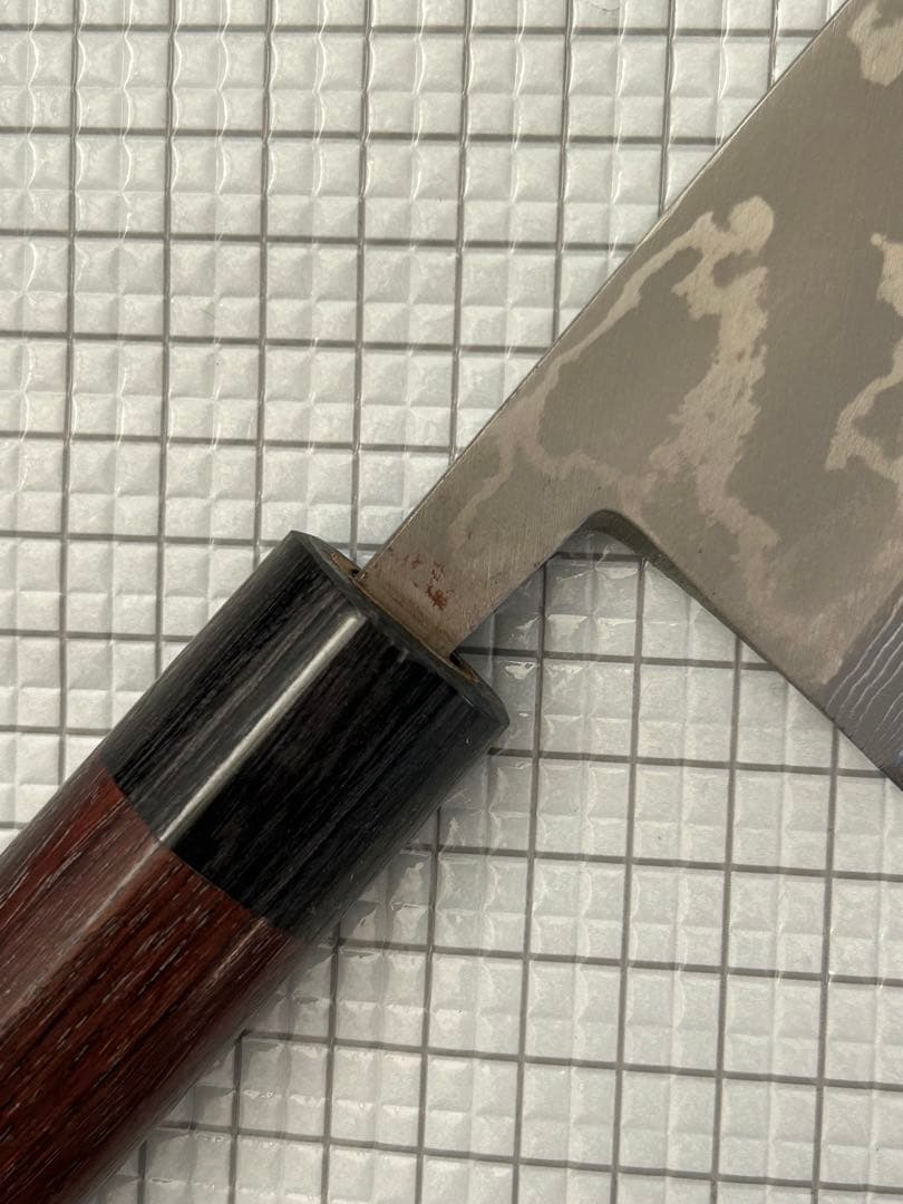 包丁 出刃 ダマスカス 安来鋼青紙２号 180mm 紫檀シノギ柄 ④