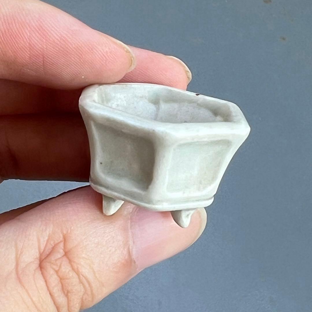 773.夢陶 青釉額入六角豆鉢 盆栽鉢 植木鉢 3*2.8*2.1cm
