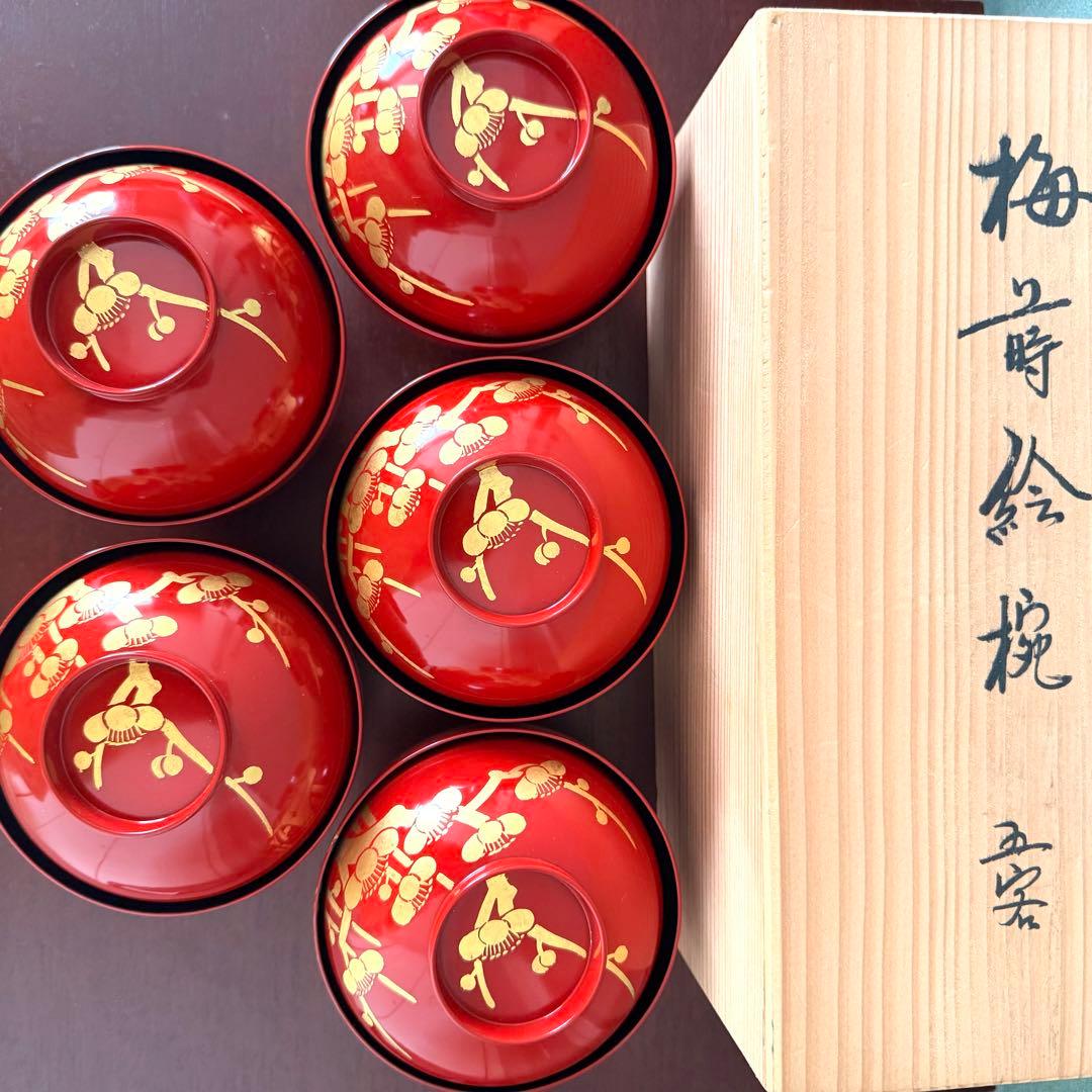 未使用】共箱付 漆器 梅蒔絵 吸物椀 五客揃 理平造 朱塗 金蒔絵 来客用