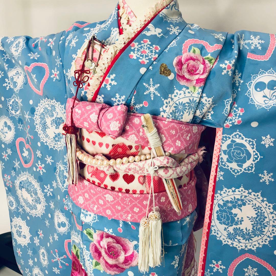 女児着物☆七五三フルセット☆ 四つ身☆5歳 7歳☆水色 松田聖子 u-370