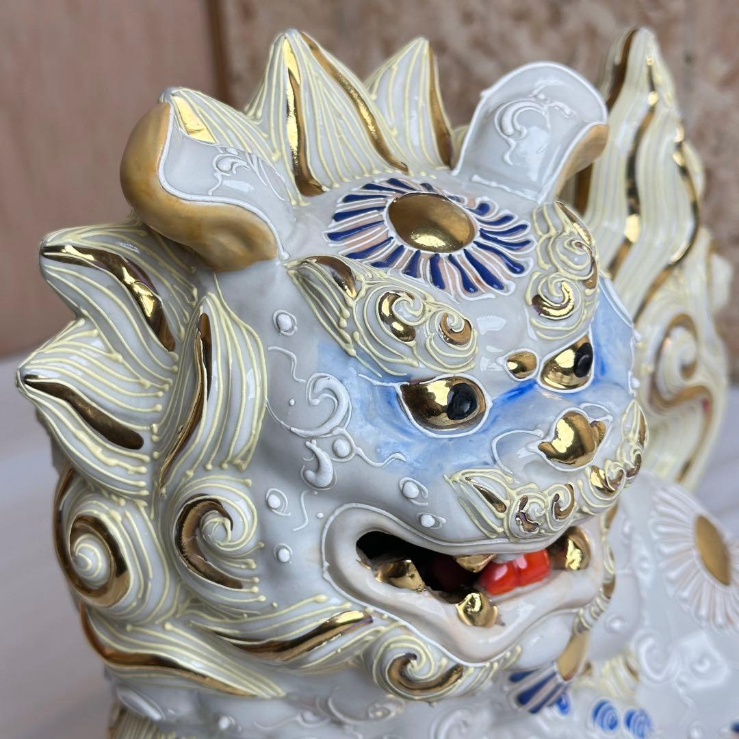 レア品 美品 九谷焼 玉乗り 狛犬 獅子 シーサー 白 縁起物 置物 陶器