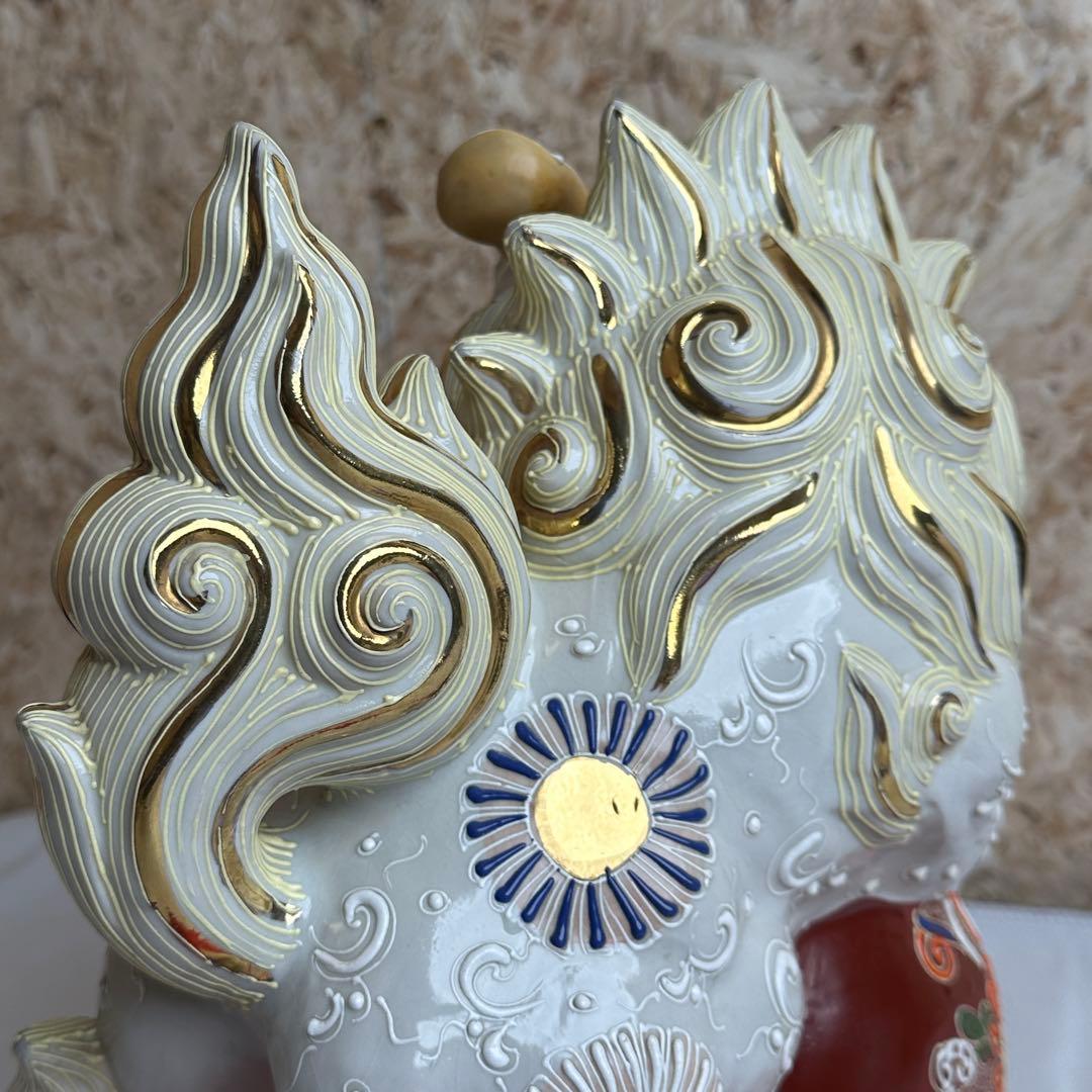 レア品 美品 九谷焼 玉乗り 狛犬 獅子 シーサー 白 縁起物 置物 陶器