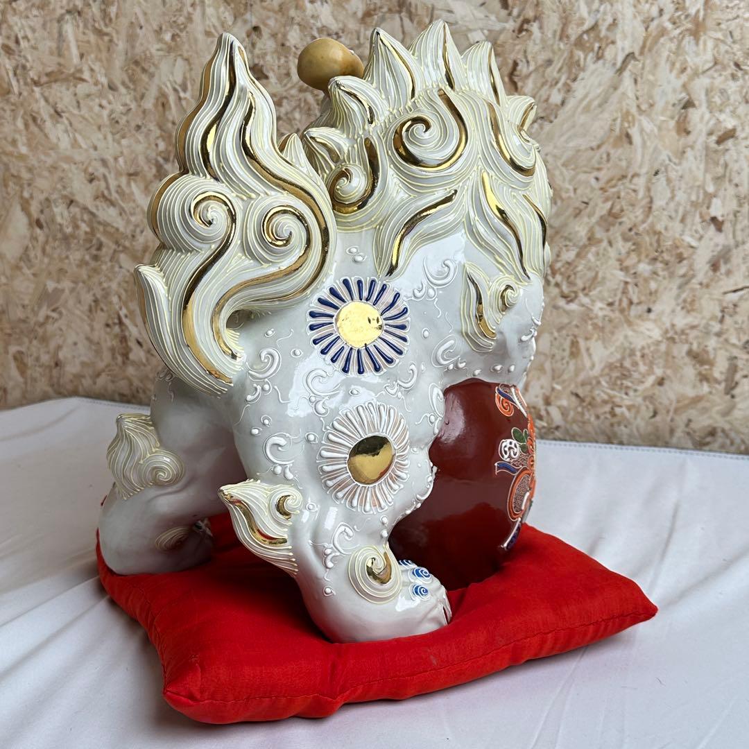 レア品 美品 九谷焼 玉乗り 狛犬 獅子 シーサー 白 縁起物 置物 陶器