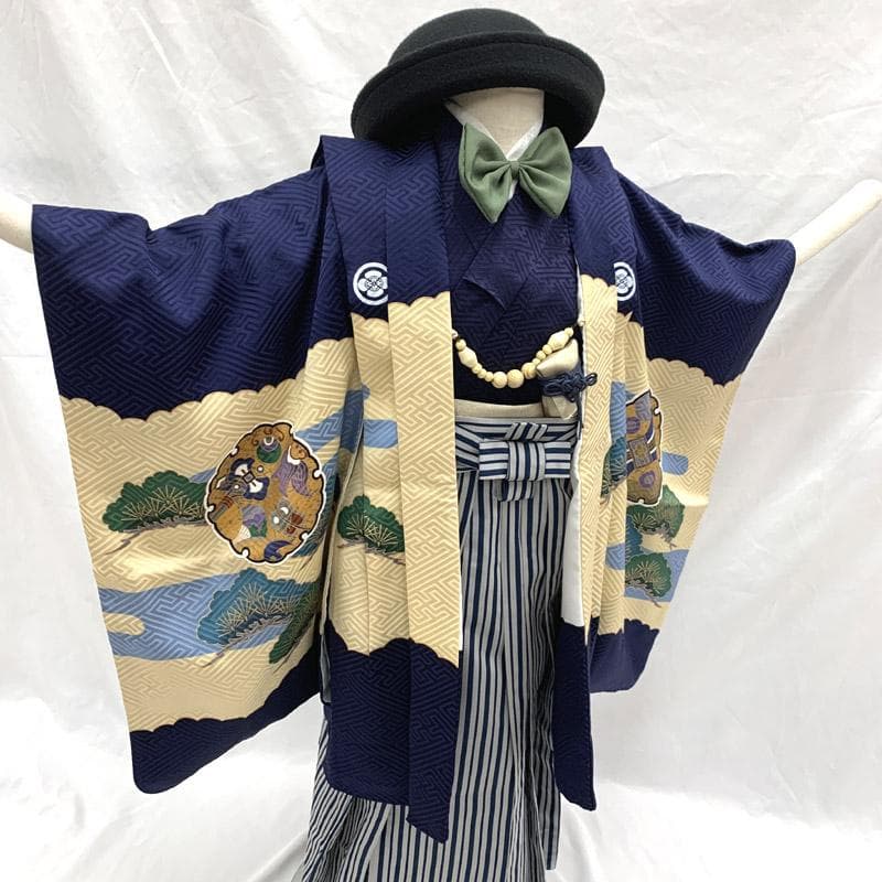 507ab42■七五三 五歳 男児 着物&羽織&袴&角帯 五つ紋 雪輪 兜■美品