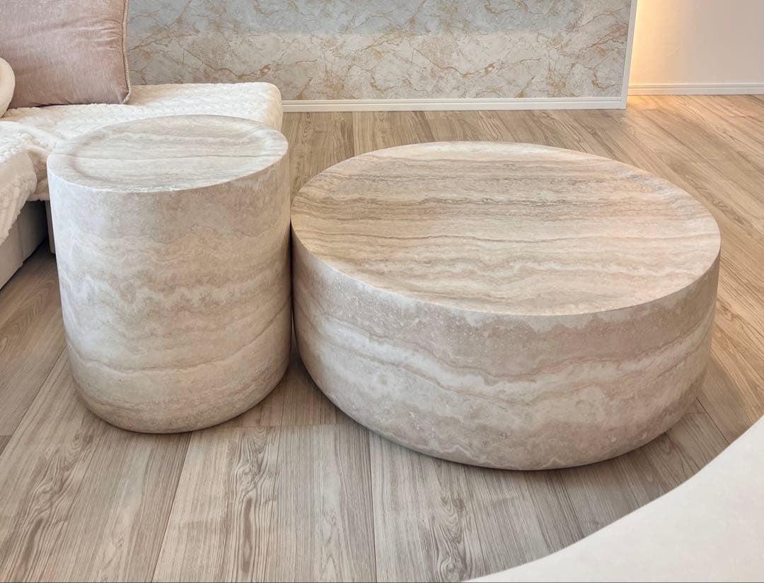トラバーチンローテーブル＆サイドテーブルセット