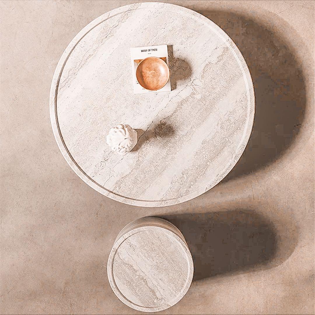 トラバーチンローテーブル＆サイドテーブルセット