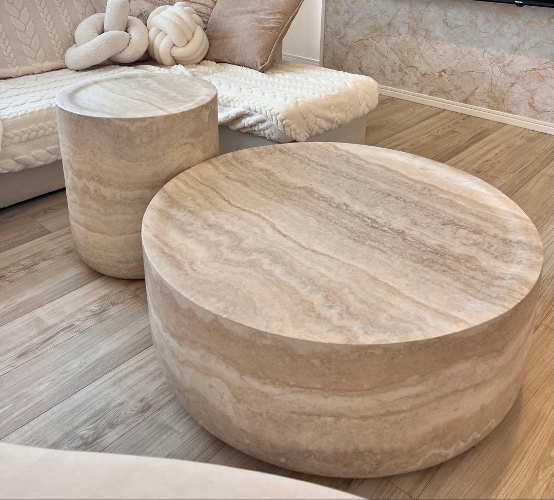 トラバーチンローテーブル＆サイドテーブルセット