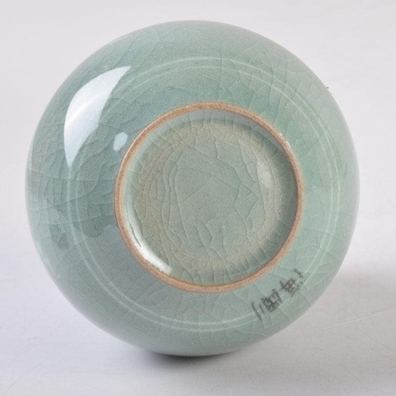 韓国人間文化財 柳海剛（柳根瀅）作 高麗青磁 象嵌鶴文 茶入 共箱 V