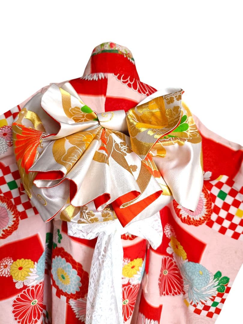 アンティーク格子模様の着物と白の作り帯☆七五三７歳セット