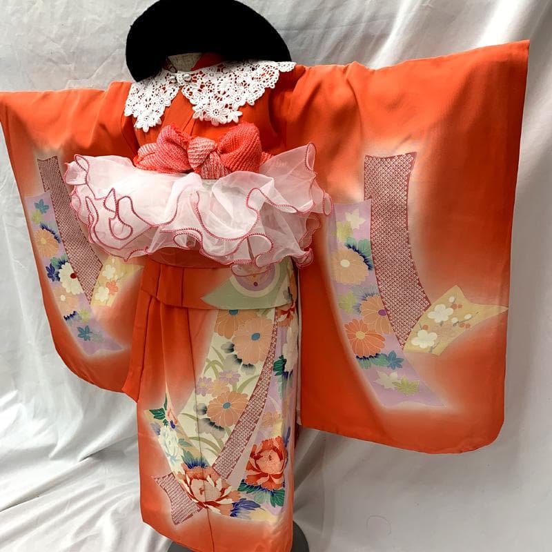 602ag8□七五三 三歳 女児 着物&チュール帯＆長襦袢 束ね熨斗□美品