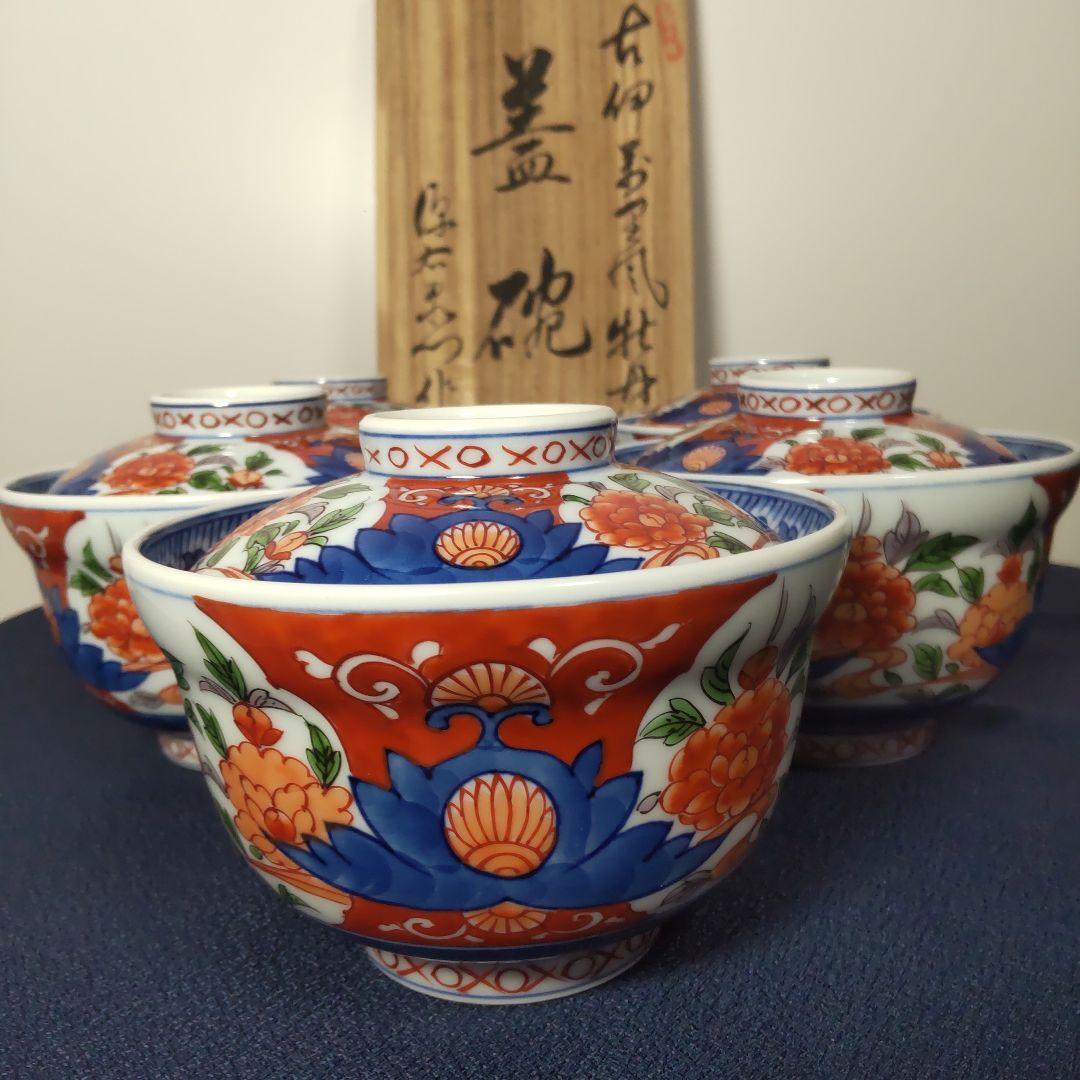源右衛門 古伊万里 丼 小どん どんぶり 蓋付き 牡丹 染錦 染付 5客 木箱