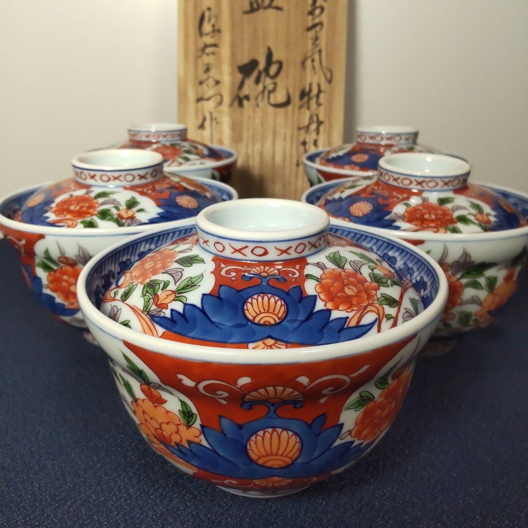 源右衛門 古伊万里 丼 小どん どんぶり 蓋付き 牡丹 染錦 染付 5客 木箱