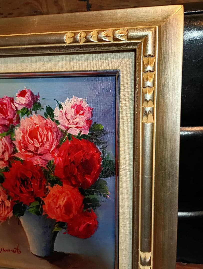 岸本芳雄 油彩　キャンバス　薔薇　花　バラ　F3号 赤　ピンク　シルバー