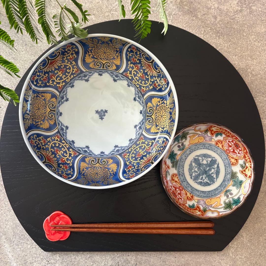 献上古伊万里　大皿　４枚　藍色　20cm 多用皿　19.5 プレートL 青　金彩