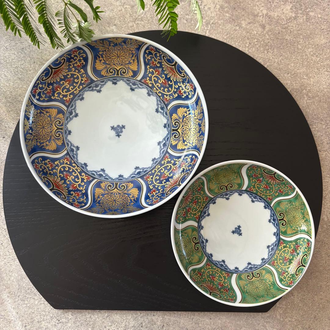 献上古伊万里　大皿　４枚　藍色　20cm 多用皿　19.5 プレートL 青　金彩
