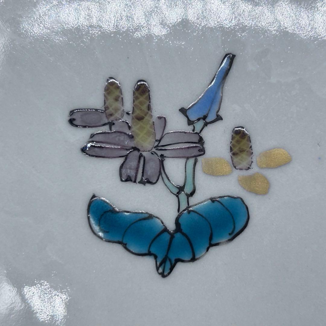 九谷焼 武腰潤 皿揃 色絵絵変り文 柘榴 茄子 蝶 輪花　408