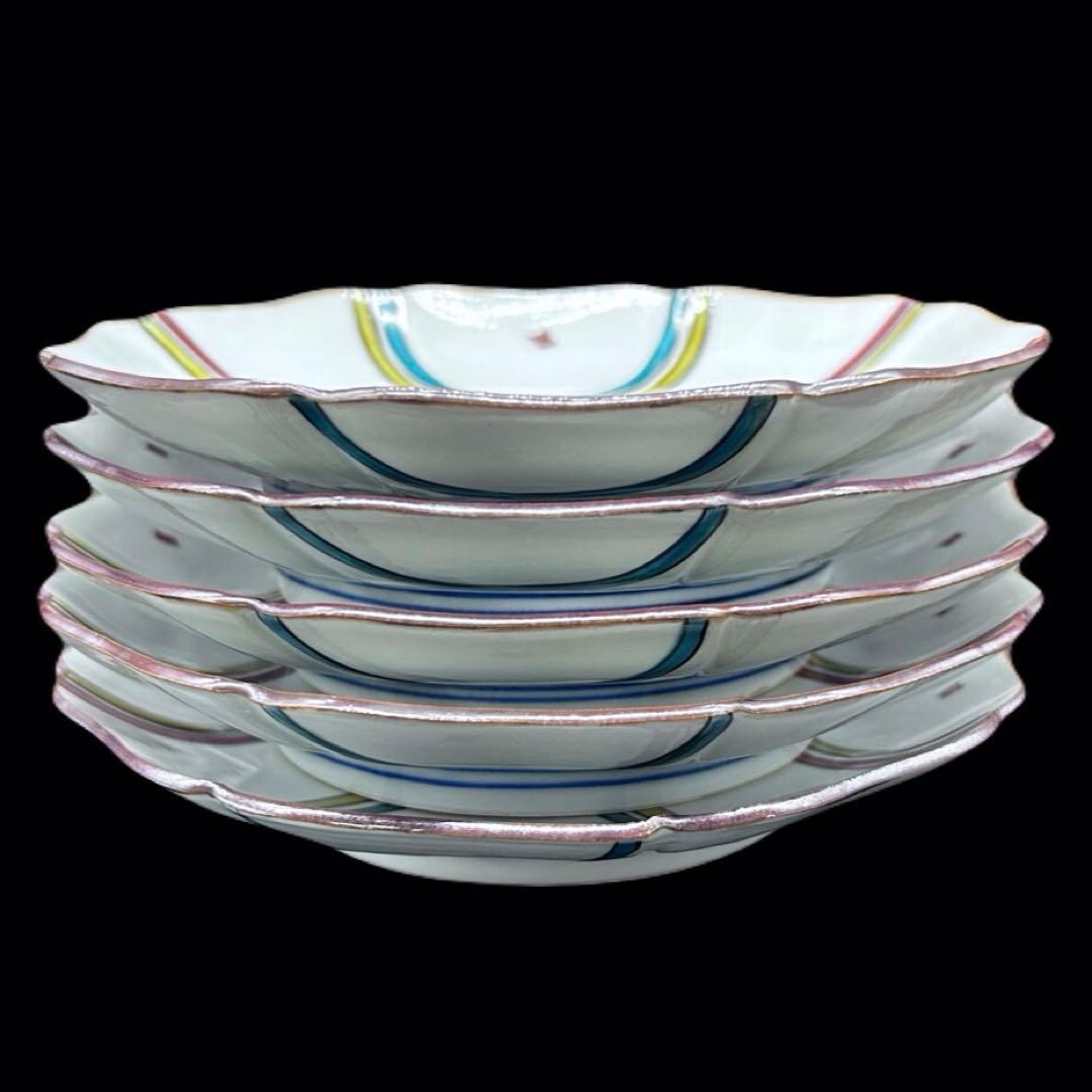 九谷焼 武腰潤 皿揃 色絵絵変り文 柘榴 茄子 蝶 輪花　408