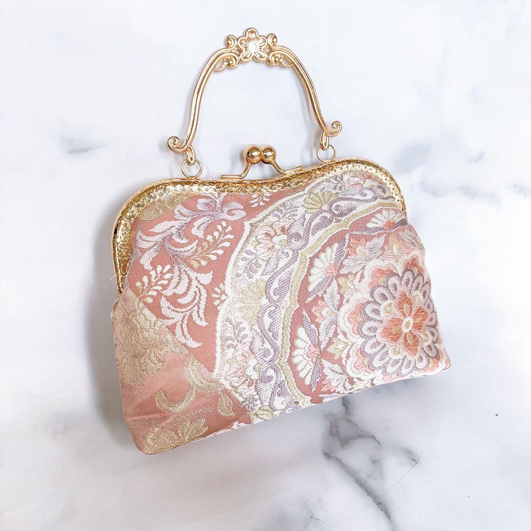 新作本真珠加工帯！格の高い濃密刺繍の最高級西陣帯地バッグ人気の金通しモーブピンク