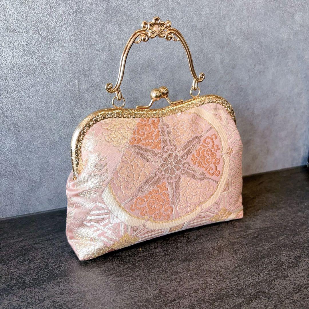 新作本真珠加工帯！格の高い濃密刺繍の最高級西陣帯地バッグ人気の金通しモーブピンク