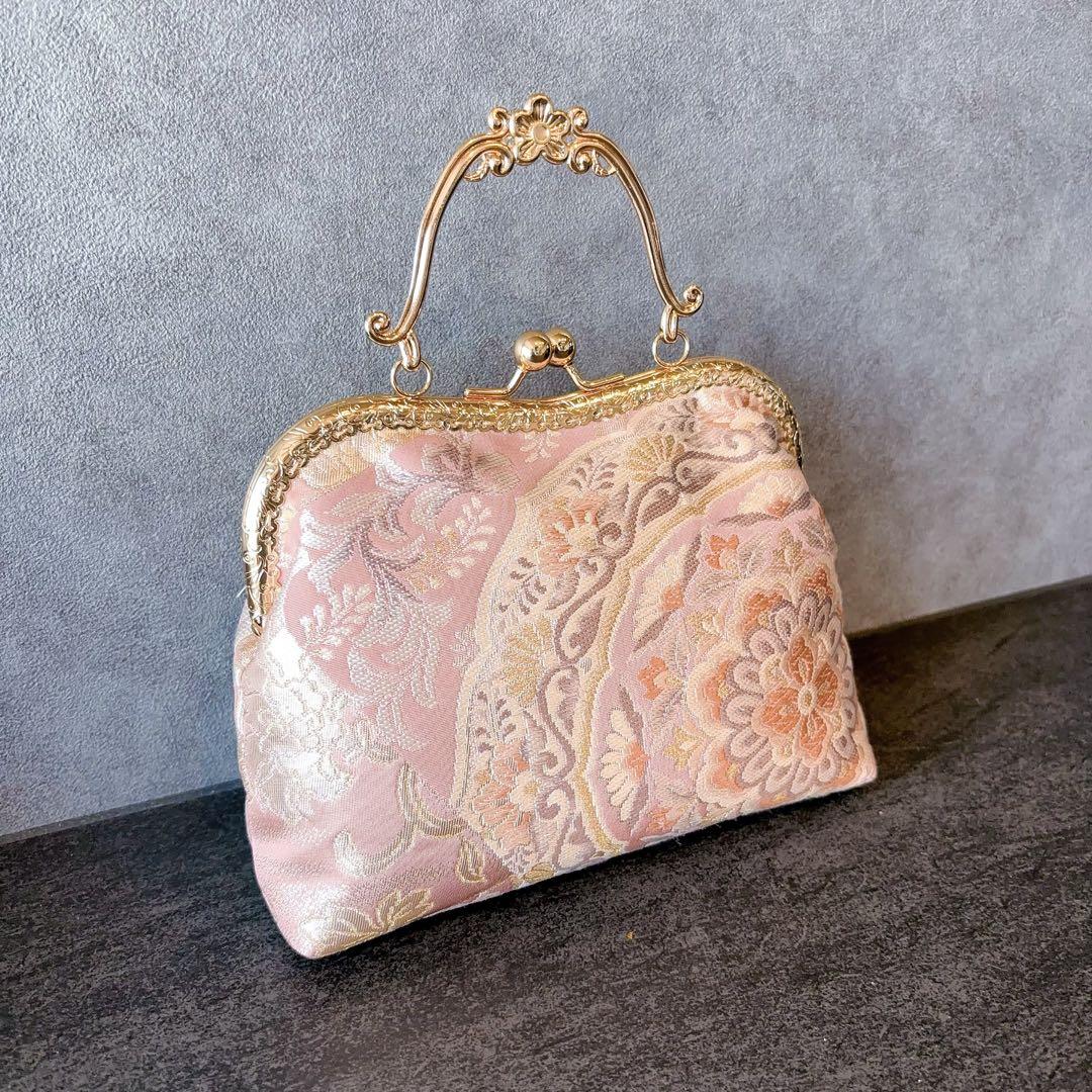新作本真珠加工帯！格の高い濃密刺繍の最高級西陣帯地バッグ人気の金通しモーブピンク