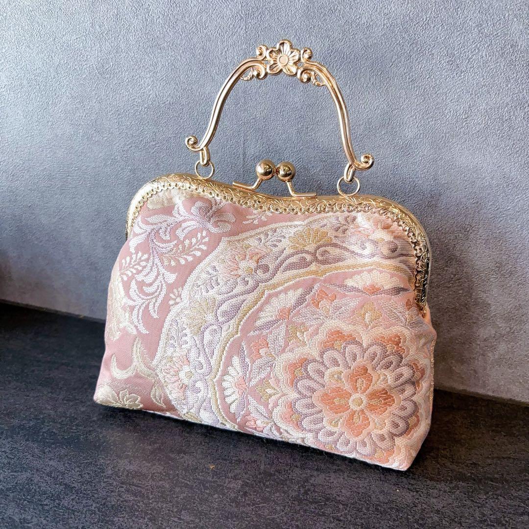 新作本真珠加工帯！格の高い濃密刺繍の最高級西陣帯地バッグ人気の金通しモーブピンク