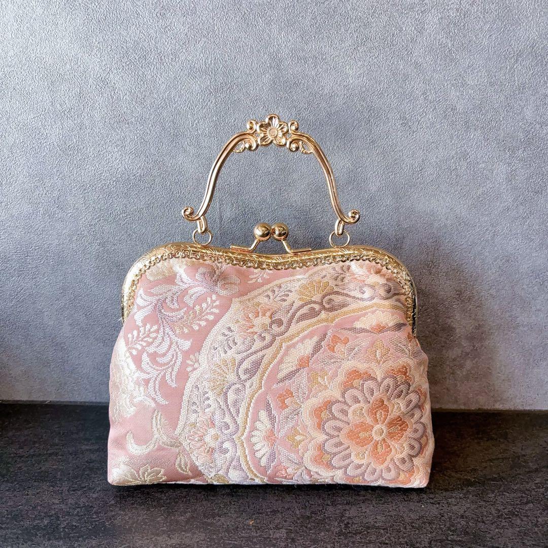 新作本真珠加工帯！格の高い濃密刺繍の最高級西陣帯地バッグ人気の金通しモーブピンク