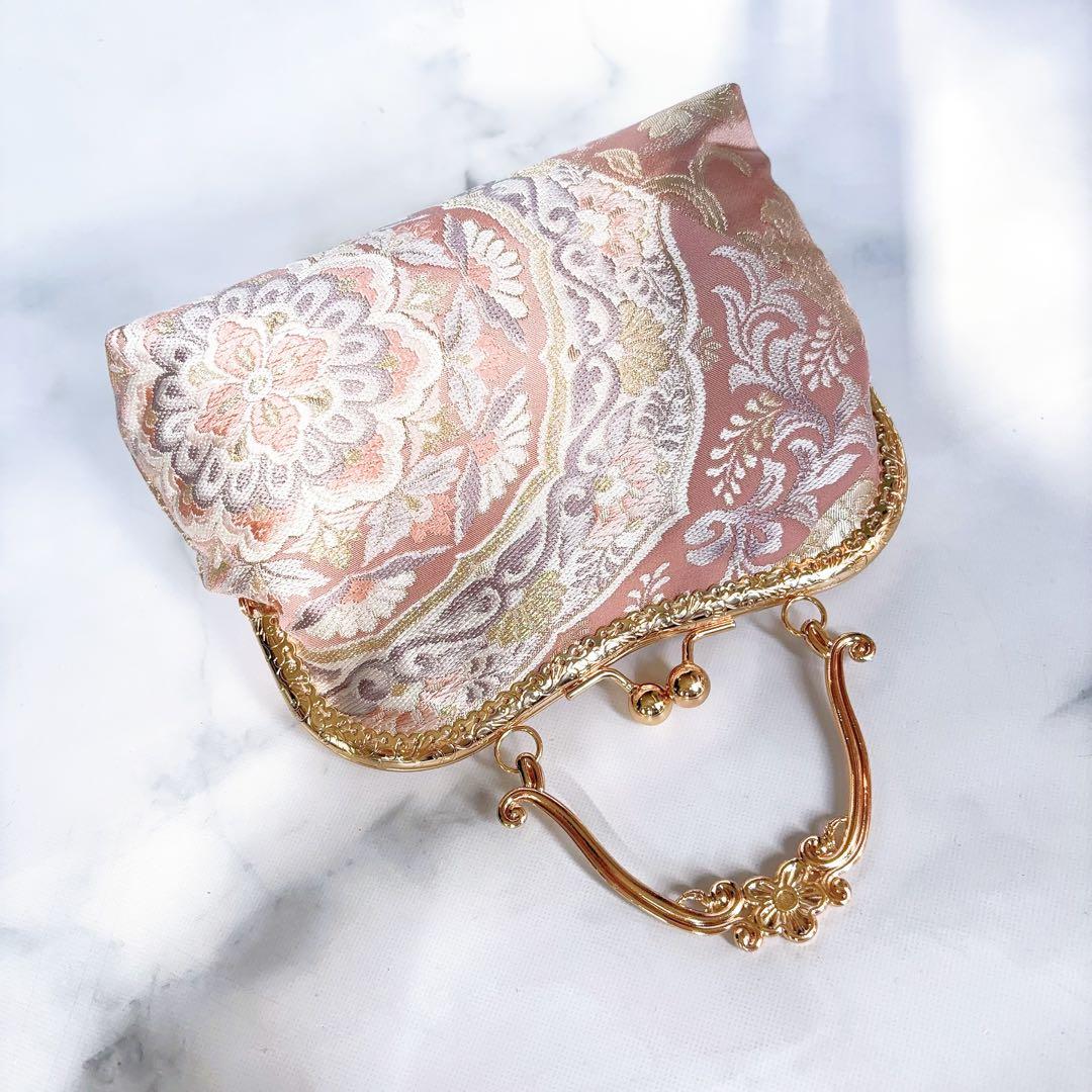 新作本真珠加工帯！格の高い濃密刺繍の最高級西陣帯地バッグ人気の金通しモーブピンク