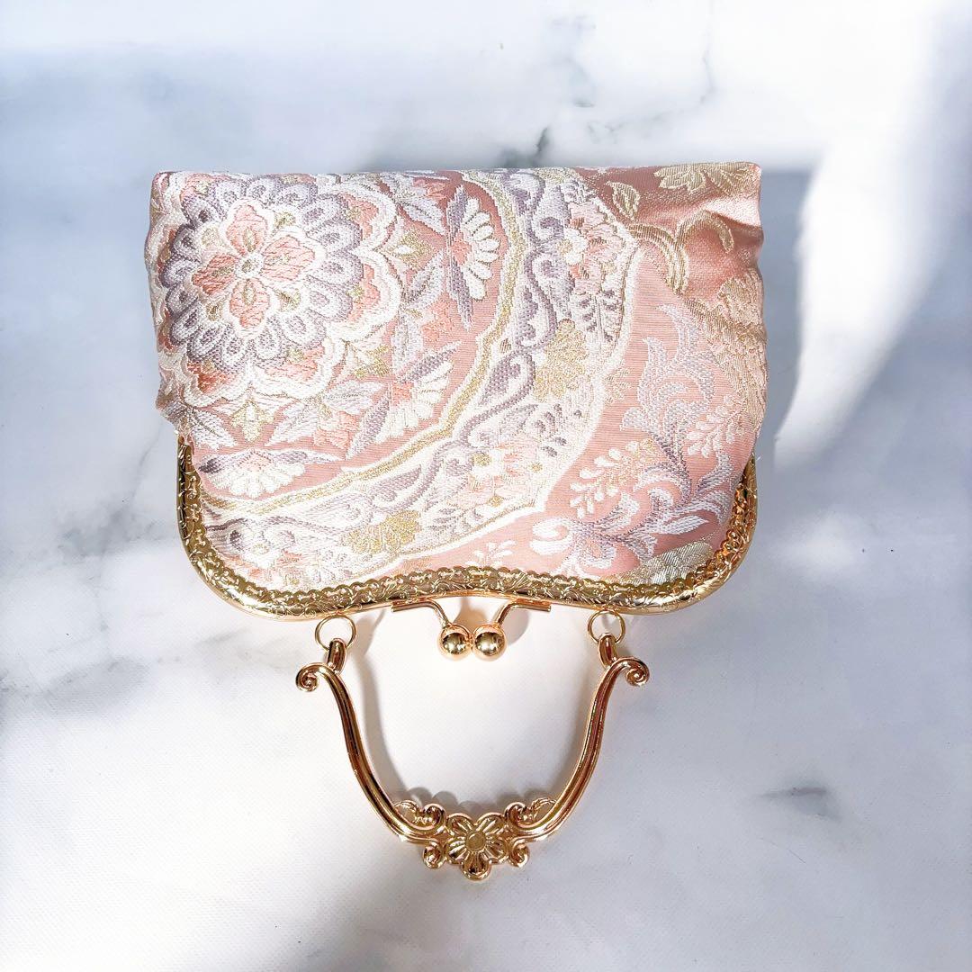 新作本真珠加工帯！格の高い濃密刺繍の最高級西陣帯地バッグ人気の金通しモーブピンク