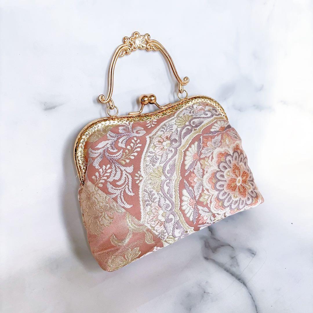 新作本真珠加工帯！格の高い濃密刺繍の最高級西陣帯地バッグ人気の金通しモーブピンク