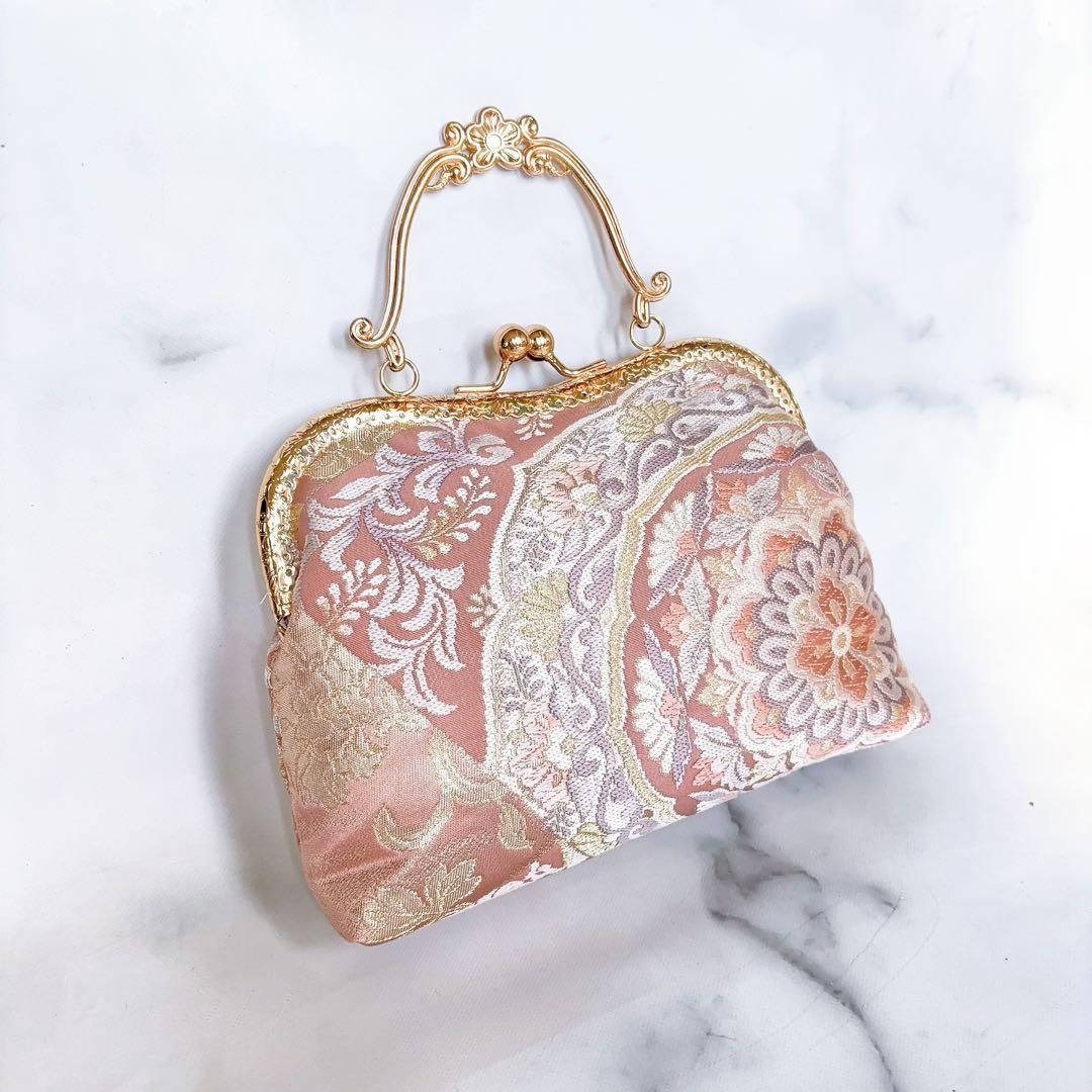 新作本真珠加工帯！格の高い濃密刺繍の最高級西陣帯地バッグ人気の金通しモーブピンク