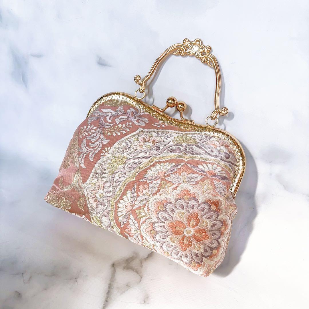 新作本真珠加工帯！格の高い濃密刺繍の最高級西陣帯地バッグ人気の金通しモーブピンク