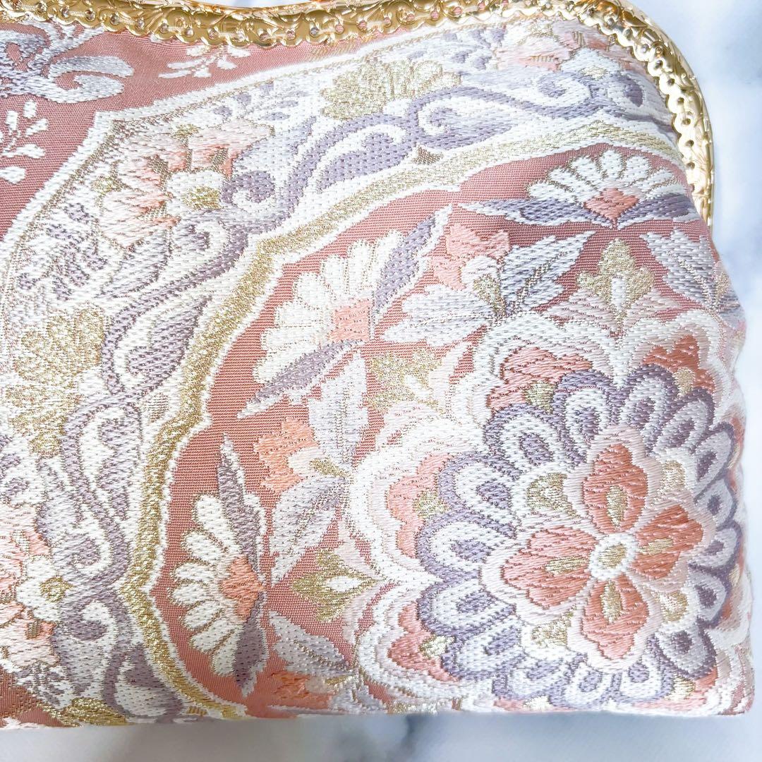 新作本真珠加工帯！格の高い濃密刺繍の最高級西陣帯地バッグ人気の金通しモーブピンク