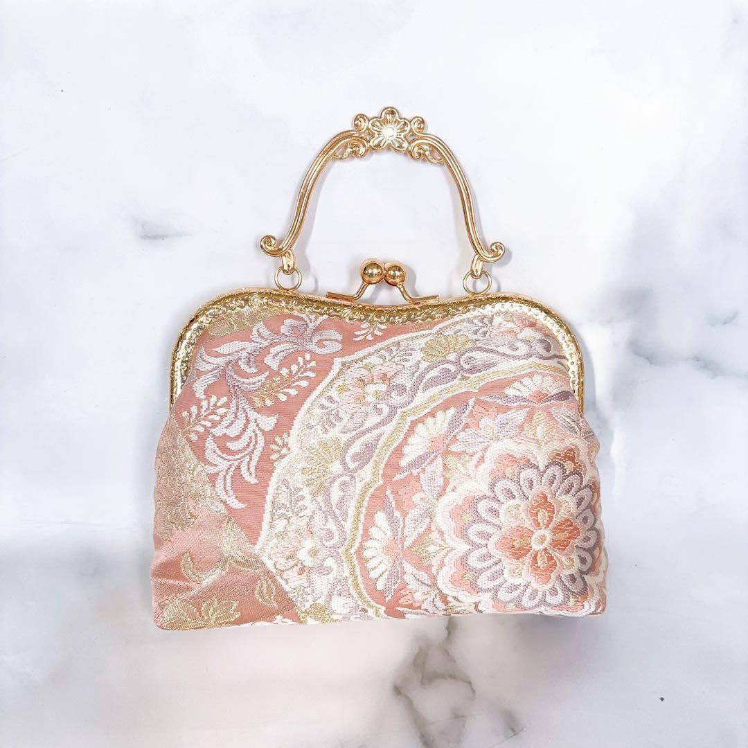 新作本真珠加工帯！格の高い濃密刺繍の最高級西陣帯地バッグ人気の金通しモーブピンク