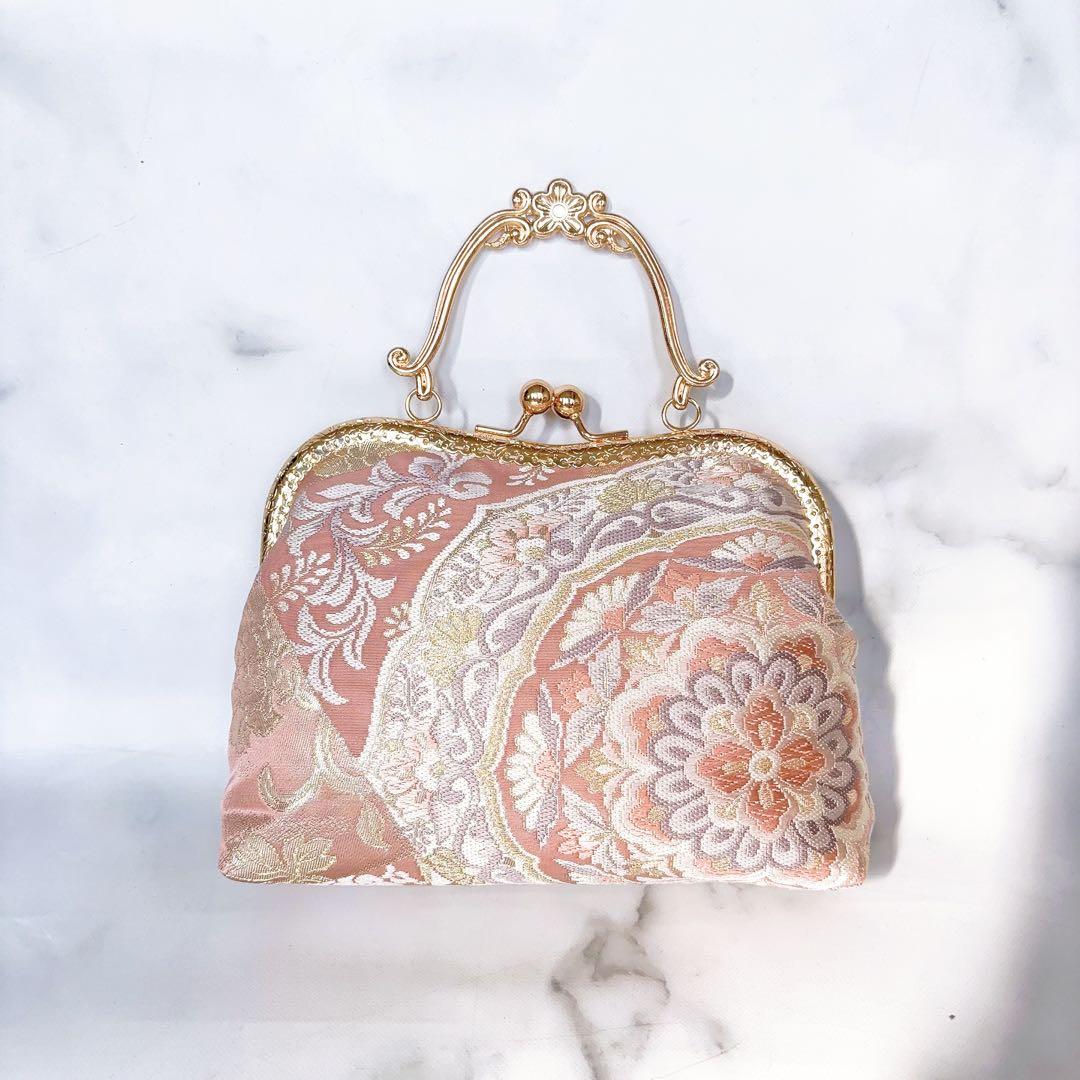 新作本真珠加工帯！格の高い濃密刺繍の最高級西陣帯地バッグ人気の金通しモーブピンク