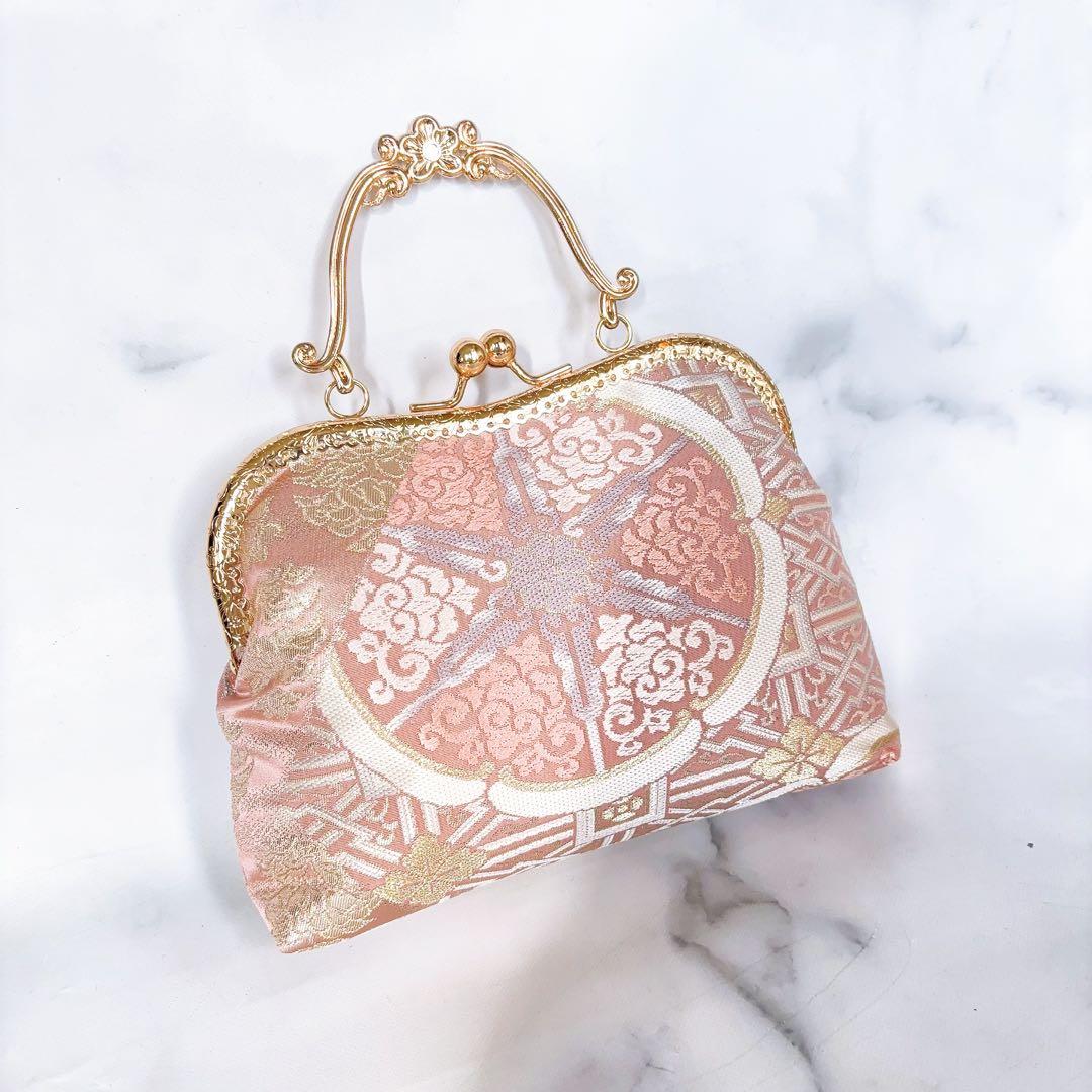 新作本真珠加工帯！格の高い濃密刺繍の最高級西陣帯地バッグ人気の金通しモーブピンク