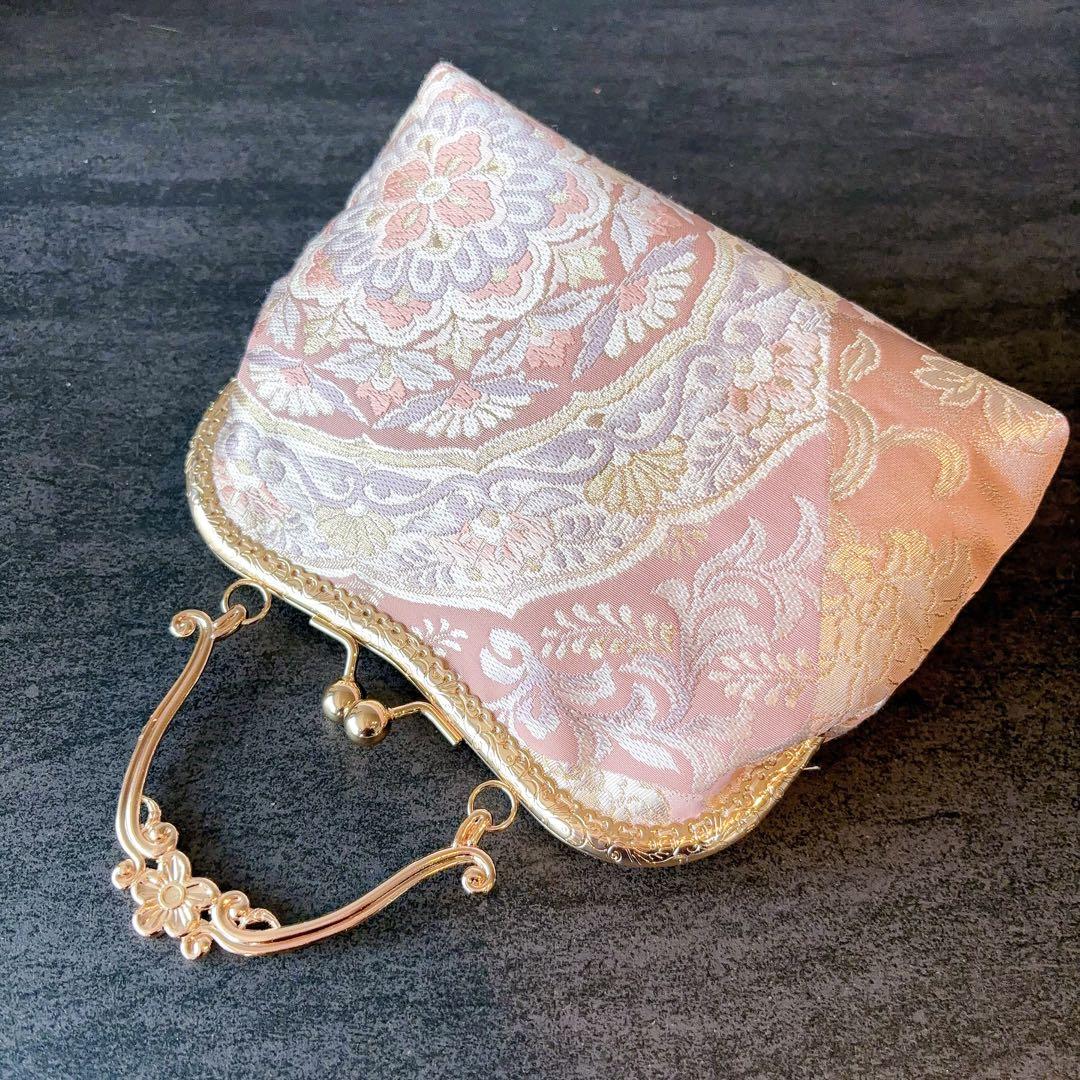 新作本真珠加工帯！格の高い濃密刺繍の最高級西陣帯地バッグ人気の金通しモーブピンク