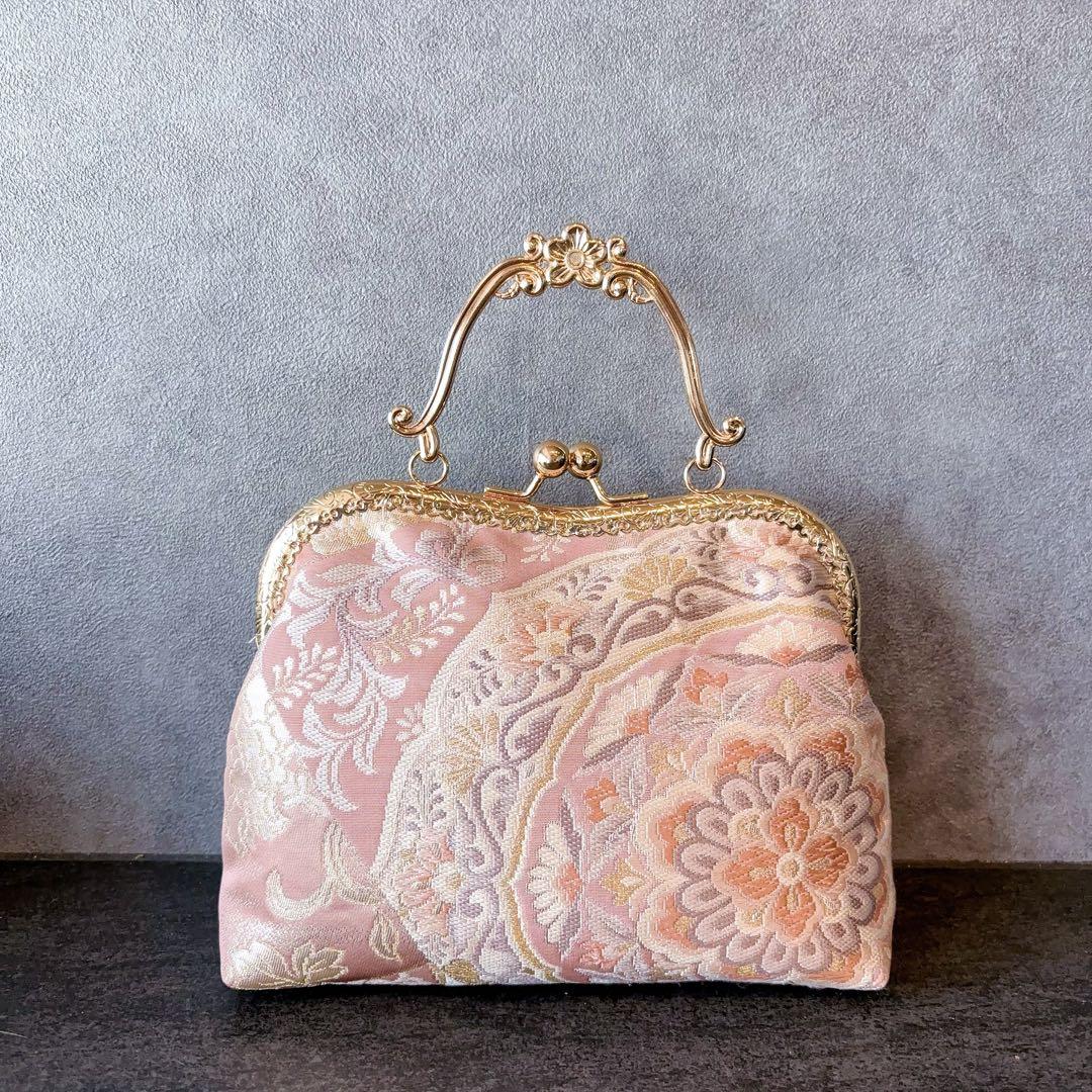 新作本真珠加工帯！格の高い濃密刺繍の最高級西陣帯地バッグ人気の金通しモーブピンク